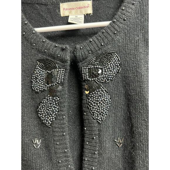 Potomac Collection Embellished Sweater Cardigan Black Bow Shoulder Pads Vintage - Picture 4 of 9